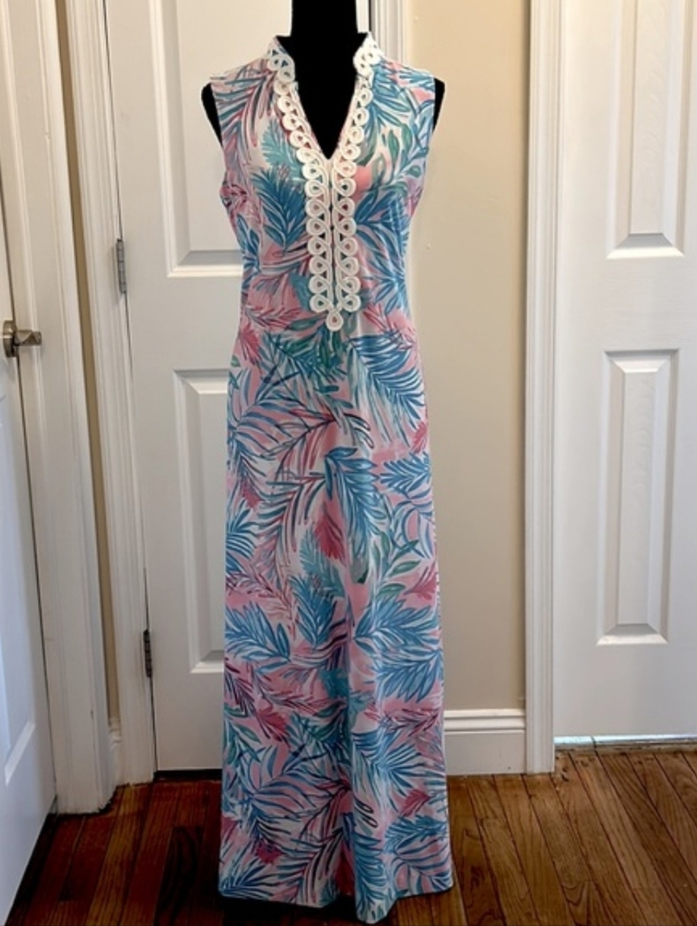 Pappagallo Pink Blue Green Leaf-Print Maxi Dress w White Trim|Womens Size 6|NEW